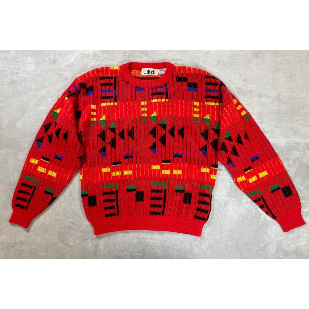 Vintage Jed Geometric Knit Sweater Men M Red 80s Abstract Colorblock